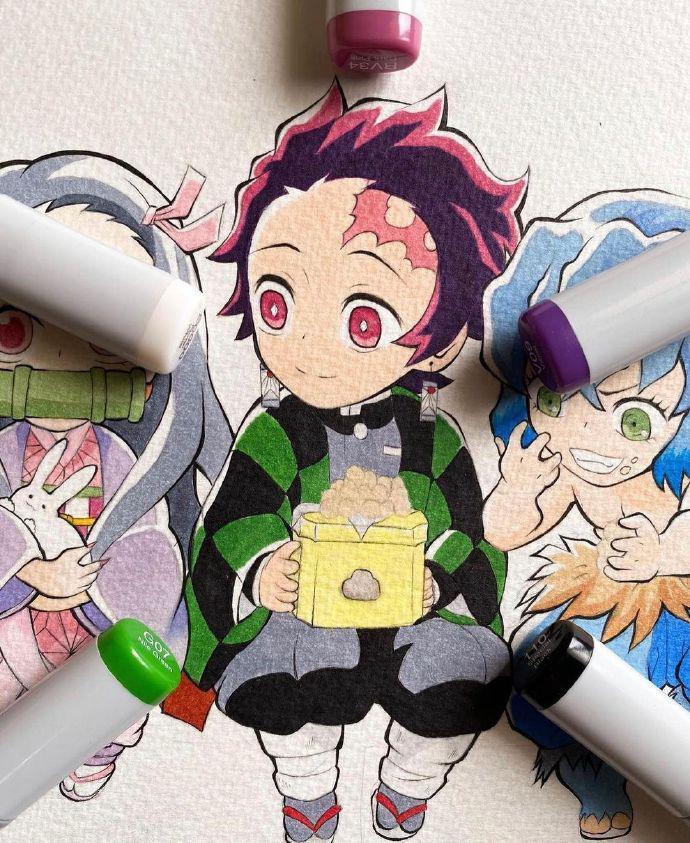 手绘风的《鬼灭之刃》角色，恋柱甜美动人，炭治郎兄妹太可爱